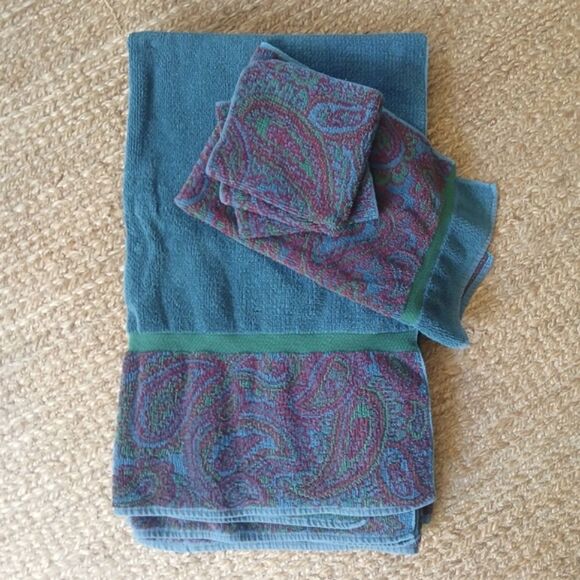 Vintage 80's Fieldcrest Royal Velvet Bath Hand & Towel Set 5 Pieces Paisley Teal - Picture 1 of 13
